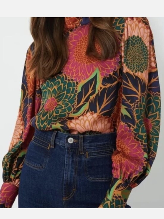 FARM Rio Tops - Farm Rio Anthropologie Vintage Garden Floral Balloon Sleeve Satin  Blouse
